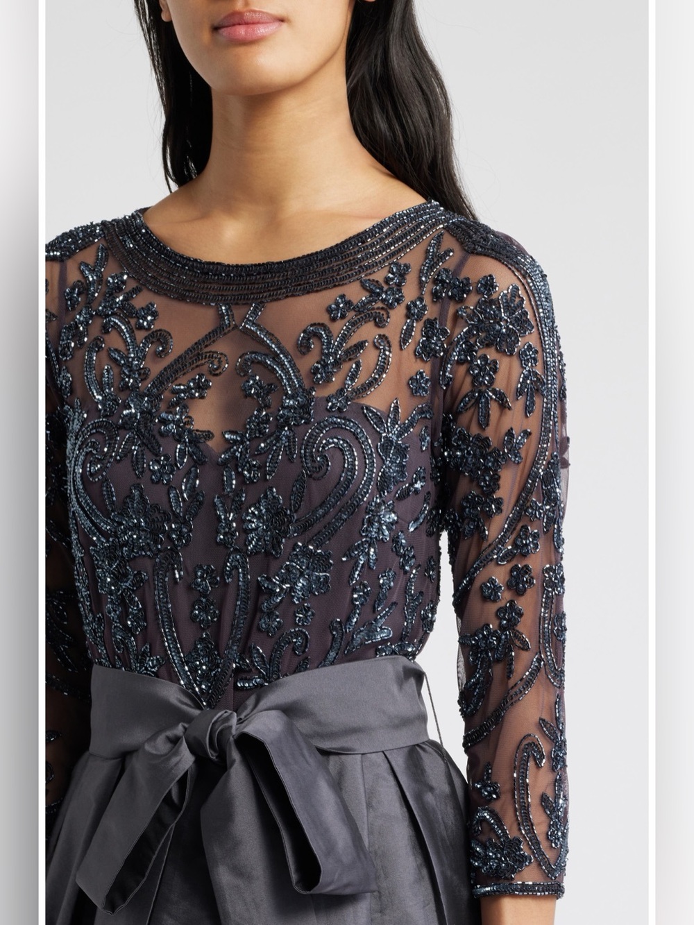 Pisarro Nights Beaded Illusion Neck Taffeta Gown Slate Size 16 NWT - Picture 4 of 8